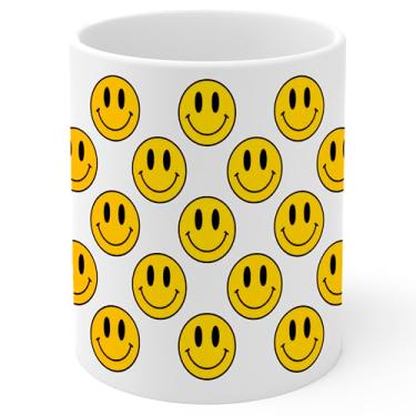 Imagem de Caneca de café de cerâmica com rosto sorridente 325 ml Emoji Happy Expression - Caneca de chá e café com aderência confortável - Presente divertido exclusivo copo branco para escritório ou casa