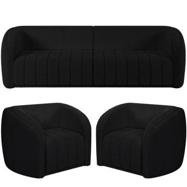 Imagem de Kit Sofá 4 Lugares Para Sala 292cm com 02 Poltronas Lazio M03 Bouclê Preto - Lyam Decor