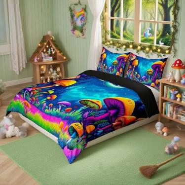 Imagem de Conjunto de capa de edredom infantil de cogumelo, estrela, luar, galáxia, mágico, meninas, meninos, decoração de quarto de plantas misteriosas, capa de colcha colorida, 2 fronhas (sem edredom)