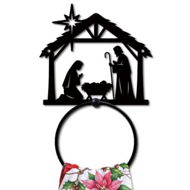 Imagem de MAYJOYDIY Anel de toalha de metal Birth of Angel, suporte de toalha de mão preto anjo, presépio de metal para decorações de Natal, anel de pendurar montado na parede, acessórios de banheiro para