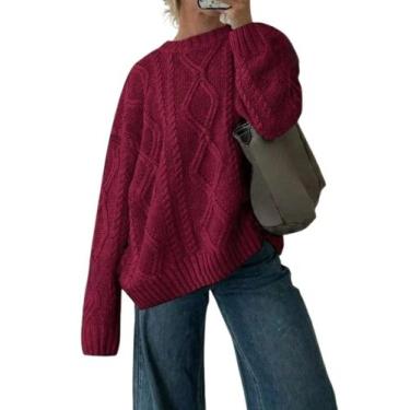 Imagem de Suéter ZAFUL Cable Knit para mulheres, gola redonda, vinho, vermelho, 