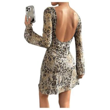 Imagem de Vestido WDIRARA Y2k com estampa de leopardo, malha, sino, manga compri
