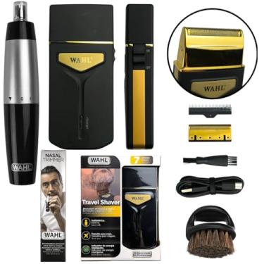 Imagem de Kit Aparador de Barba Portátil Travel Shaver com Aparador de Pelos Nasais Trimmer e Escova de Dedo para Degradê
