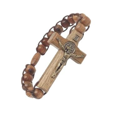 Imagem de Terço Dezena de São Bento em Madeira Imbuia, Contas Frisadas 9-10mm, Medalha e Crucifixo em Metal Ouro Velho, Crucifixo 6 cm