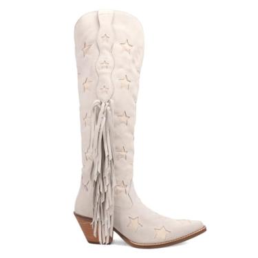 Imagem de Dingo Botas femininas casuais Super Star com franja e bico curto acima do joelho salto médio 5 a 7,6 cm - branca, Branco, 39