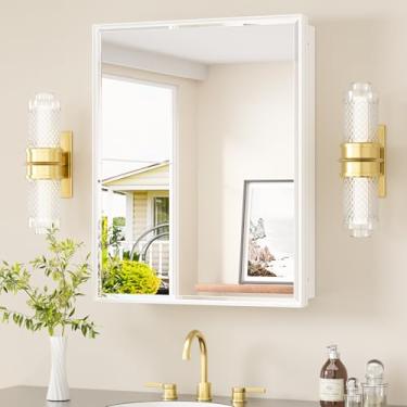 Imagem de TETOTE Armário de remédios branco 61 cm x 76 cm armário de remédios com espelho chanfrado de metal prateleiras ajustáveis contínuas para banheiro