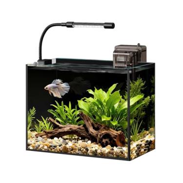 Imagem de Tanque de peixes pequeno de vidro de 3 galões, kit inicial de aquário Betta com filtro, luzes, tampa, plantas aquáticas artificiais, cascalho e rocha