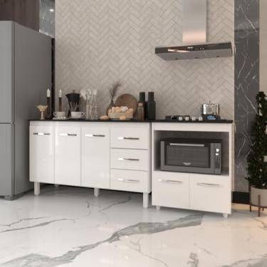 Imagem de Mobília Decor, Gabinete Armário Carine 138 cm com Tampo Tampão e Balcão Evelyn Para cooktop 4 Bocas Branco e Preto