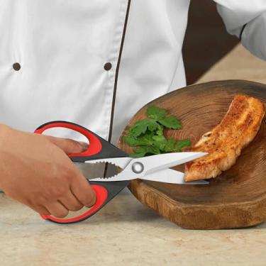 Imagem de Tesoura de cozinha multiuso com bainha protetora para uso diário, tesoura de aço inoxidável segura na lava-louças com aderência confortável, 21 cm, preta