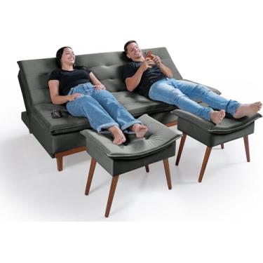 Imagem de Sofá-Cama Reclinável Santorini 3 Lugares com 2 Banquetas em Veludo Cinza Macio e Base em Madeira Maciça