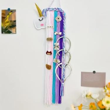Imagem de Suporte de laço de cabelo de unicórnio, organizador de presilhas para meninas, com borlas de fio rosa choque arco-íris, para decorações de festa temática, arco-íris