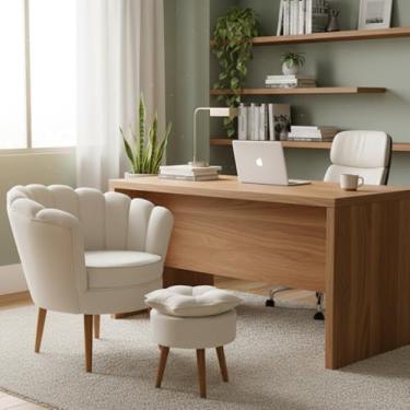 Imagem de Kit Poltrona Pétala com Puff Decorativo em Veludo, Pés Palito Madeira, Conforto e Estilo para Sala, Quarto ou Escritório (Bege)