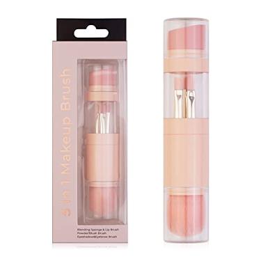 Imagem de Conjunto de pincéis de maquiagem multifuncionais 5 em 1 – Ferramentas de beleza portáteis para mulheres – sobrancelha, lábios, pó, blush, puff (rosa)