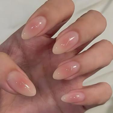 Imagem de Kit de unhas de pressão curto médio amêndoa ombré nude cola falsa conjunto de unhas com design cobertura completa bastão falso artificial em unha de acrílico para mulheres casamento 24 peças