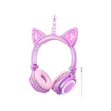 Imagem de Fones de ouvido infantis, fones de ouvido com fio LOBKIN para crianças, orelha de gato com luz de LED ajustável faixa de cabeça, fones de ouvido de som estéreo infantil na orelha, Roxa