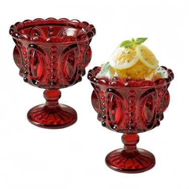 Imagem de YUHANOER Conjunto de 2 copos de sobremesa - copo vintage em relevo de cristal com pés, sorvete retrô de 200 ml e prato doce para bebidas de festa, uísque, bar festivo e decoração de mesa (vermelho