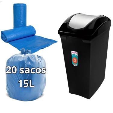 Imagem de Lixeira 15L Tampa Basculante Preta + 20Un Saco De Lixo Azul