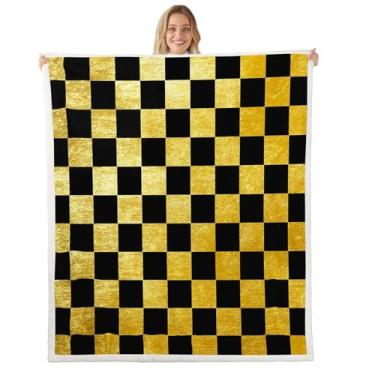 Imagem de Feelyou Cobertor xadrez retrô dourado preto xadrez lã de ovelha macia aconchegante felpa felpudo quente geométrico vintage felpudo manta moderna simples estética descolada 101,6 cm x 127 cm para cama