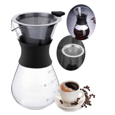 Imagem de Cafeteira Vidro Com Coador Inox Filtro Passador Cafe 400ml Bule Jarra Manual Boro Borossilicato Drip Moderno
