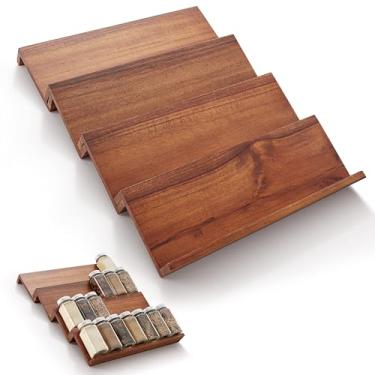 Imagem de Tinamo Organizador de gaveta de especiarias de madeira - Bandeja de madeira de acácia, organizador de temperos para prateleira de armazenamento de armário - 4 prateleiras de especiarias para gaveta