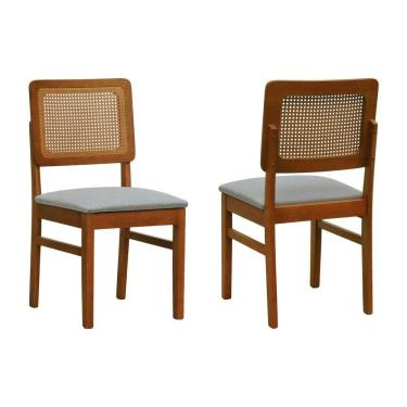 Imagem de Kit 2 Cadeiras Madeira Maciça Lyon Encosto Telinha Amêndoa - Amêndoa Assento Estofado Linho Cinza Mescla Impermeável