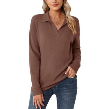 Imagem de Suéter Romanstii Fashion feminino com gola polo, café tricotado