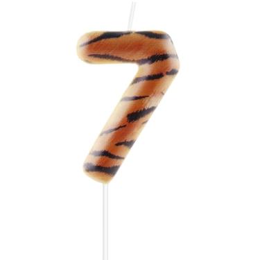 Imagem de Velas de aniversário de tigre número 7, decorações de bolo de animais selvagens, estampa realista de listras de tigre com tema de animais selvagens, para meninos e meninas, crianças, festa de