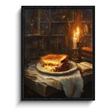 Imagem de Arte de parede de queijo grelhado, natureza morta à luz de velas, decoração de parede de cozinha vintage, impressão em tela emoldurada laminada, pôster de amantes de comida, para presente de chef de