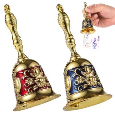 Imagem de Pacote com 2 sinos de mão de metal gravados - Campainha de chamada alta para cuidados com idosos, casamento, Natal e sala de aula - Sino de serviço de latão decorativo floral vintage com alça - ideal