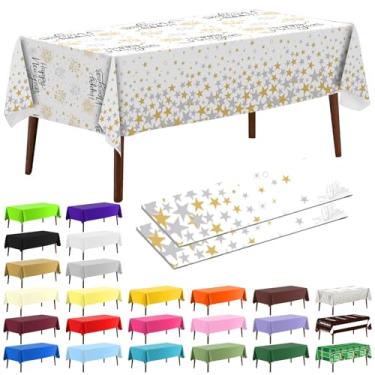 Imagem de CXPSINC Toalha de mesa de plástico descartável de 137 cm x 277 cm, toalha de mesa retangular de plástico para mesas de 1,8 a 2,8 m, festas internas ou externas, aniversários de Natal (branco, feliz