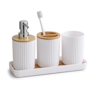 Imagem de Kit Banheiro Branco 4 Peças com Detalhes em Bambu – Porta Escova, Saboneteira, Copo e Dispenser de Sabonete Líquido