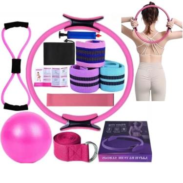Imagem de Kit essencial de Pilates para mulheres, conjuntos de ioga em casa para mulheres, anéis de pilates, faixas para exercícios de quadril, bola de ioga de 25 cm, figura 8, faixa de resistência para