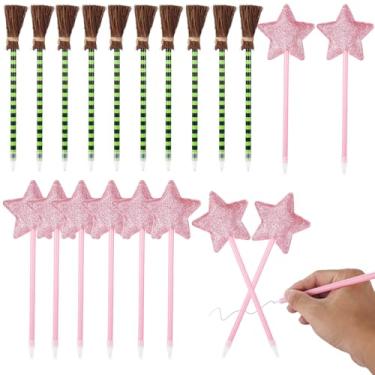 Imagem de OMISTAR Pacote com 20 canetas de bruxa e princesa, lembrancinhas de festa, vassoura de bruxa verde e rosa para artigos de festa com tema de feiticeiro, artigos de presente de aniversário, Halloween