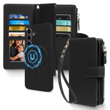 Imagem de CMIDUS Capa magnética para Samsung Galaxy S25 Fe carteira compatível com suporte de cartão com bloqueio de RFID Magsafe, capa de telefone removível, alça de pressão, bolso com zíper, couro PU (preto)