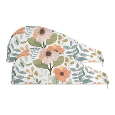 Imagem de SEHANY Toalha de cabelo de microfibra de flores coloridas elegantes para mulheres, 2 peças, turbantes de cabelo de secagem rápida com botão, touca de cabelo seco absorvente toalha de secagem de cabelo