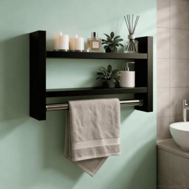 Imagem de Nicho Porta Toalha Branco e Preto com Prateleira Organizadora de Parede em Metal – Para Banheiro, Lavabo e Ambientes Funcionais(Preto,50 cm)