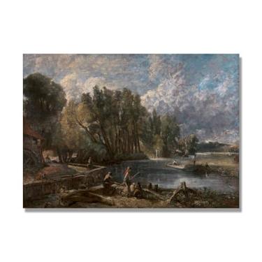 Imagem de Arte em tela de paisagem estilo Constable, (sem título 42), pintura romântica do campo inglês, decoração de parede texturizada com pincelada pesada. Somente tela de 70 x 98 cm - 27,5 x 38,6 pol