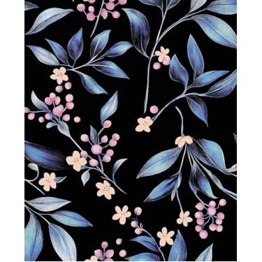 Imagem de VOLEAAR Papel de parede vintage de vinil autoadesivo de folha azul preta para banheiro, quarto, gaveta, armário, preto, azul marinho, design floral, estilo retrô, 44,5 x 299,7 cm