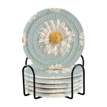 Imagem de Qilmy Conjunto de 6 peças para copos de flores de margaridas bonitas ou porta-copos de bar para bebidas, porta-copos de fazenda ou porta-copos de mesa rústicos, porta-copos modernos de algodão para o