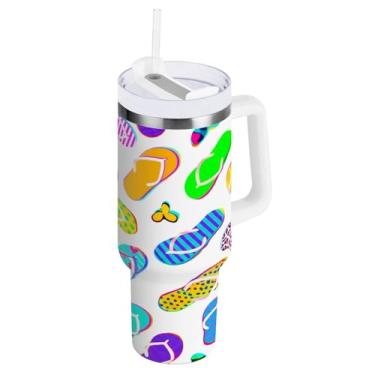 Imagem de Kigai Copo de 1,134 g com alça, copos coloridos com isolamento térmico com tampa e canudo, garrafa de água esportiva de metal grande, caneca de café de viagem de aço inoxidável