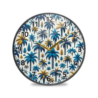 Imagem de WELLDAY Relógio de parede sem tique-taque 30,5 cm - plam Trees azul operado por bateria quartzo silencioso relógio redondo para casa/escritório/cozinha/sala de aula