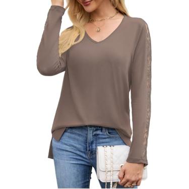 Imagem de Camisas de manga comprida para mulheres, gola V, renda, fenda lateral, solta, malha, blusas de trabalho, elegantes, casuais, macias, confortáveis, outono 2025, Coffeegrey, G