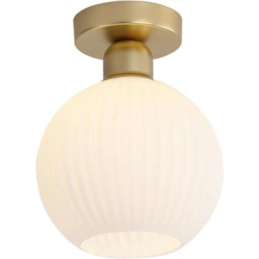 Imagem de Luminária de teto clássica em latão antigo, estilo vintage, semi-embutida, com vidro canelado branco, luminária de teto LED nórdica para sala de estar, cozinha, quarto e sala de jantar.