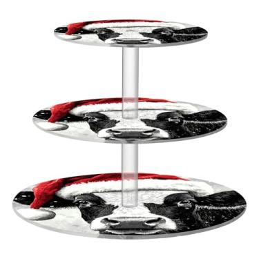 Imagem de CEBUGI Suporte de cupcake de 3 níveis para vacas usando chapéus de Natal, suporte redondo para bolos, bandeja de servir em camadas de acrílico para chá, chá de bebê, casamento e mais