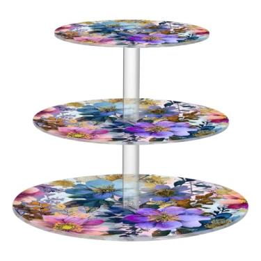 Imagem de CEBUGI Suporte de cupcake de 3 camadas, flores brilhantes, redondo, suporte de bolo, bandeja de servir em camadas de acrílico para festas de chá, chá de bebê, casamento e mais