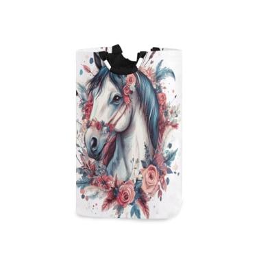Imagem de xigua Cavalo com flores grande cesto de roupa suja com alça, cesto de roupas dobrável para organização de brinquedos e roupas no quarto, banheiro e lavanderia