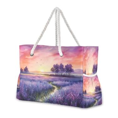 Imagem de Wassud Bolsa de praia lavanda Sunse grande bolsa de praia para mulheres, impermeável, à prova de areia, bolsa de viagem com zíper e bolso para piscina academia acampamento