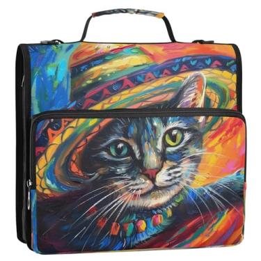 Imagem de CEBUGI Fichário de 3 anéis com zíper com alça de ombro, pasta de arquivo expansível de 3,8 cm, anéis D, para escola, escritório, cinco de maio, gato