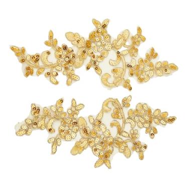 Imagem de letsinstyle 1 par de apliques de renda com lantejoulas bordadas douradas, aplique de renda floral, apliques bordados de flores para costurar, roupas de casamento, artesanato DIY