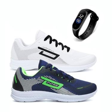 Imagem de Kit Tenis Masculino Esportivo Leve Confortável Academia Corrida + Relógio Digital (BCO-AZL, BR, Adulto, Numérico, 38)